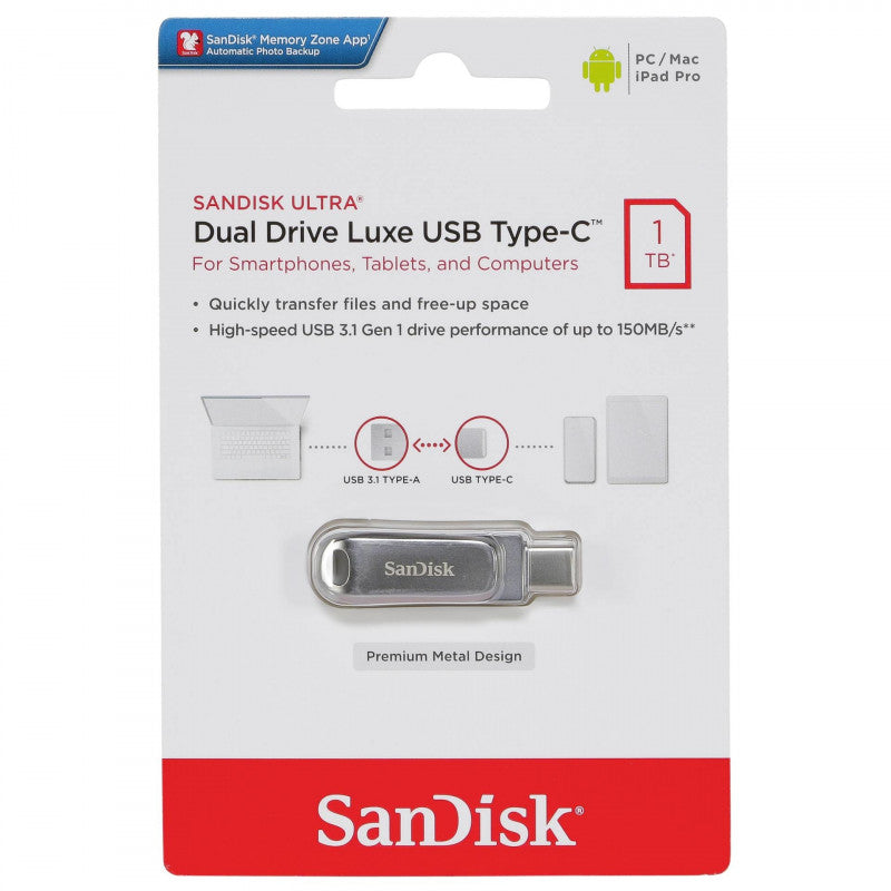 SanDisk 1TB Ultra Dual Drive Luxe USB Type-C - SDDDC4-1T00-G46, Silver SanDisk 1TB Ultra Dual Drive Luxe USB Type-C - SDDDC4-1T00-G46, Silver